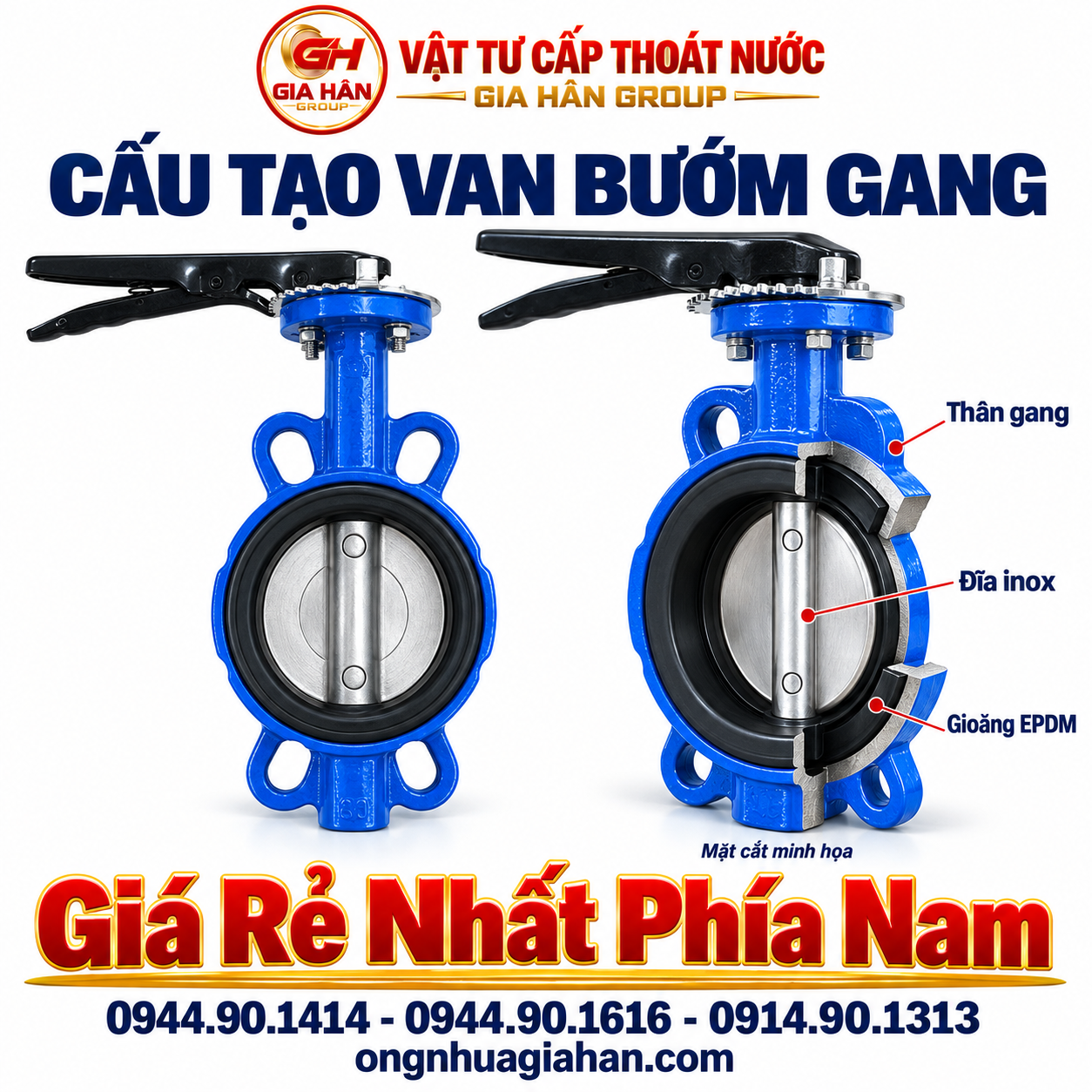 Cấu tạo chi tiết van bướm gang thân gang đĩa inox gioăng cao su EPDM