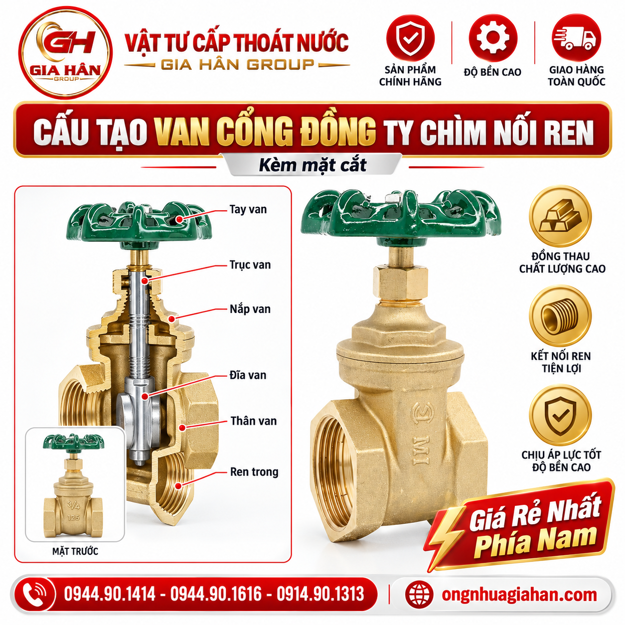 Cấu tạo chi tiết van cổng đồng nối ren ty chìm gồm thân đồng, đĩa nêm, trục ty và tay quay vô lăng