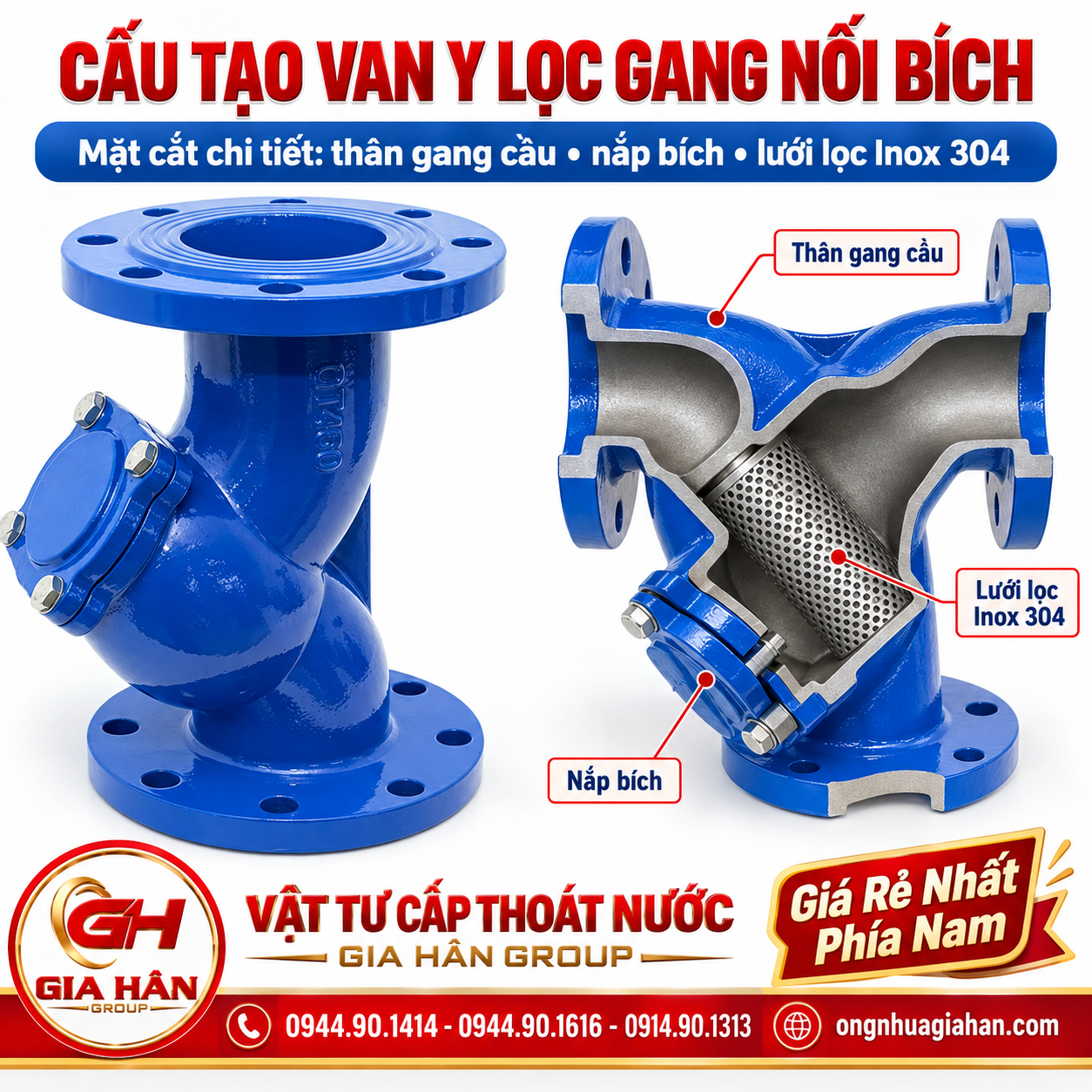 Mặt cắt cấu tạo chi tiết van Y lọc gang thân gang cầu nắp bích lưới lọc Inox 304