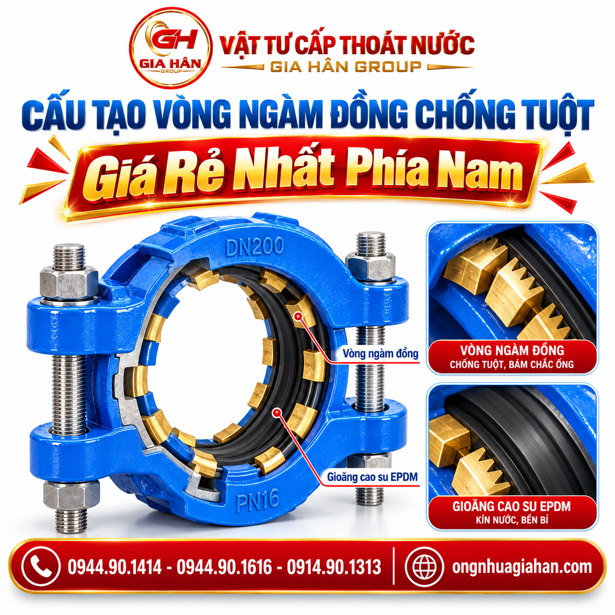 Mặt cắt cấu tạo chi tiết vòng ngàm đồng và gioăng cao su EPDM của đai ngàm ống nong gang