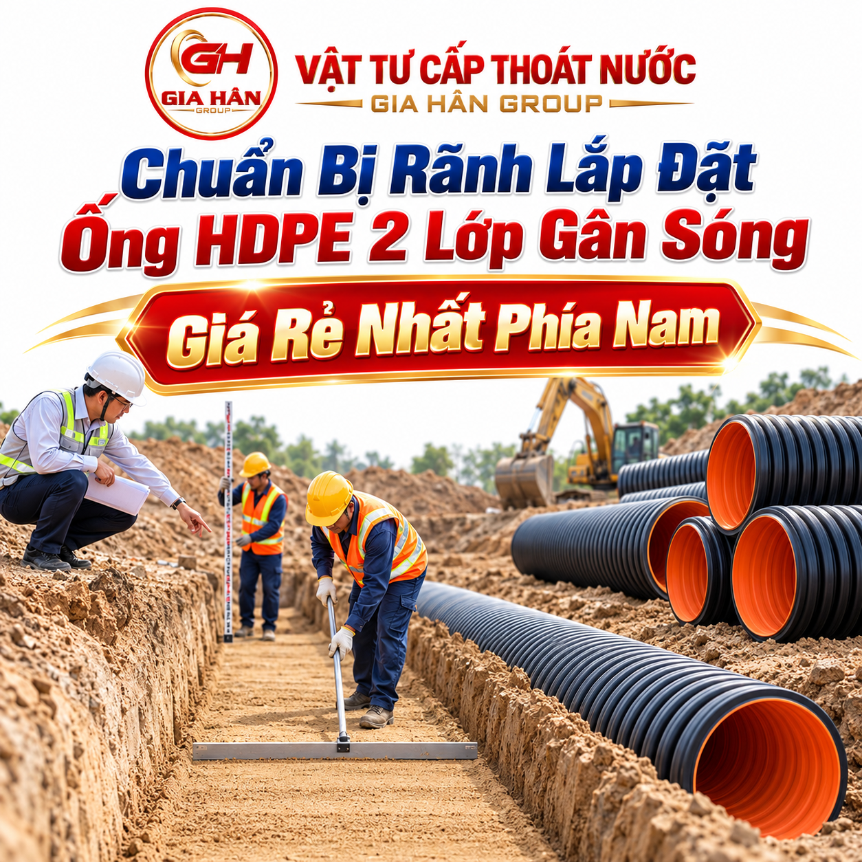 Chuẩn bị rãnh lắp đặt ống HDPE 2 lớp gân sóng