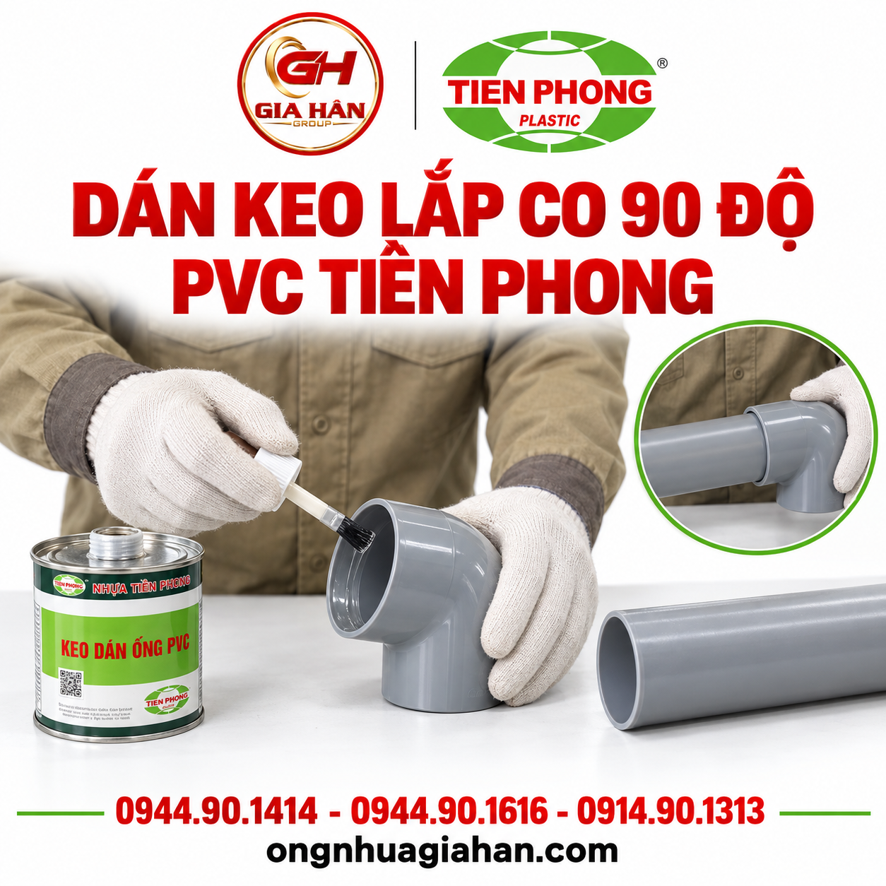 Dán keo lắp co 90 độ PVC Tiền Phong
