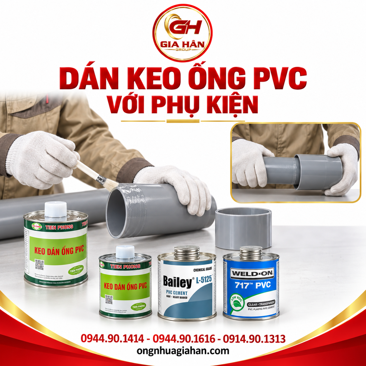 Thao tác nối ống PVC vào phụ kiện bằng keo chuyên dụng