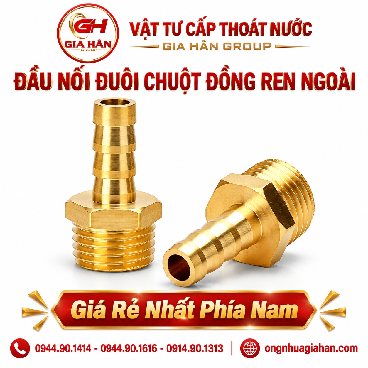 Cặp đầu nối đuôi chuột đồng ren ngoài có gờ lục giác và ngạnh giữ ống dẻo