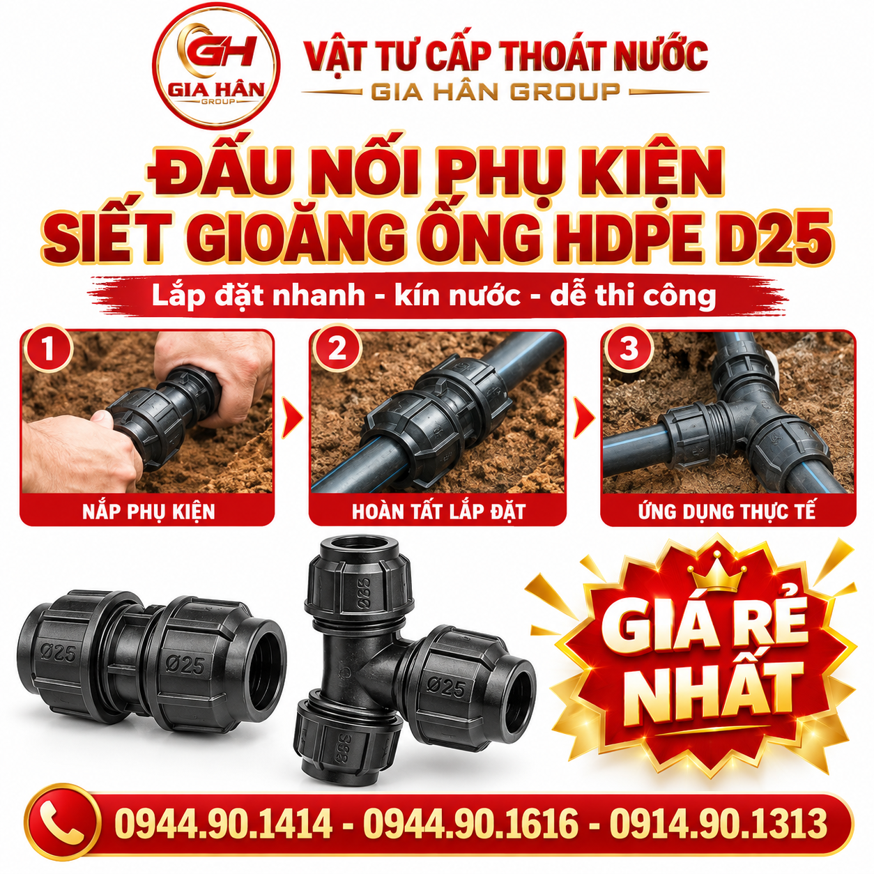 Hướng dẫn lắp đặt phụ kiện siết gioăng cho ống HDPE D25 Tiền Phong