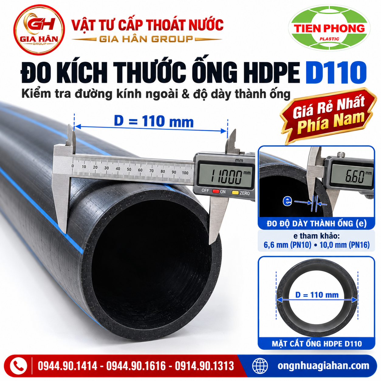 Đo độ dày thành ống HDPE D110 Tiền Phong bằng thước cặp tại mặt cắt đầu ống