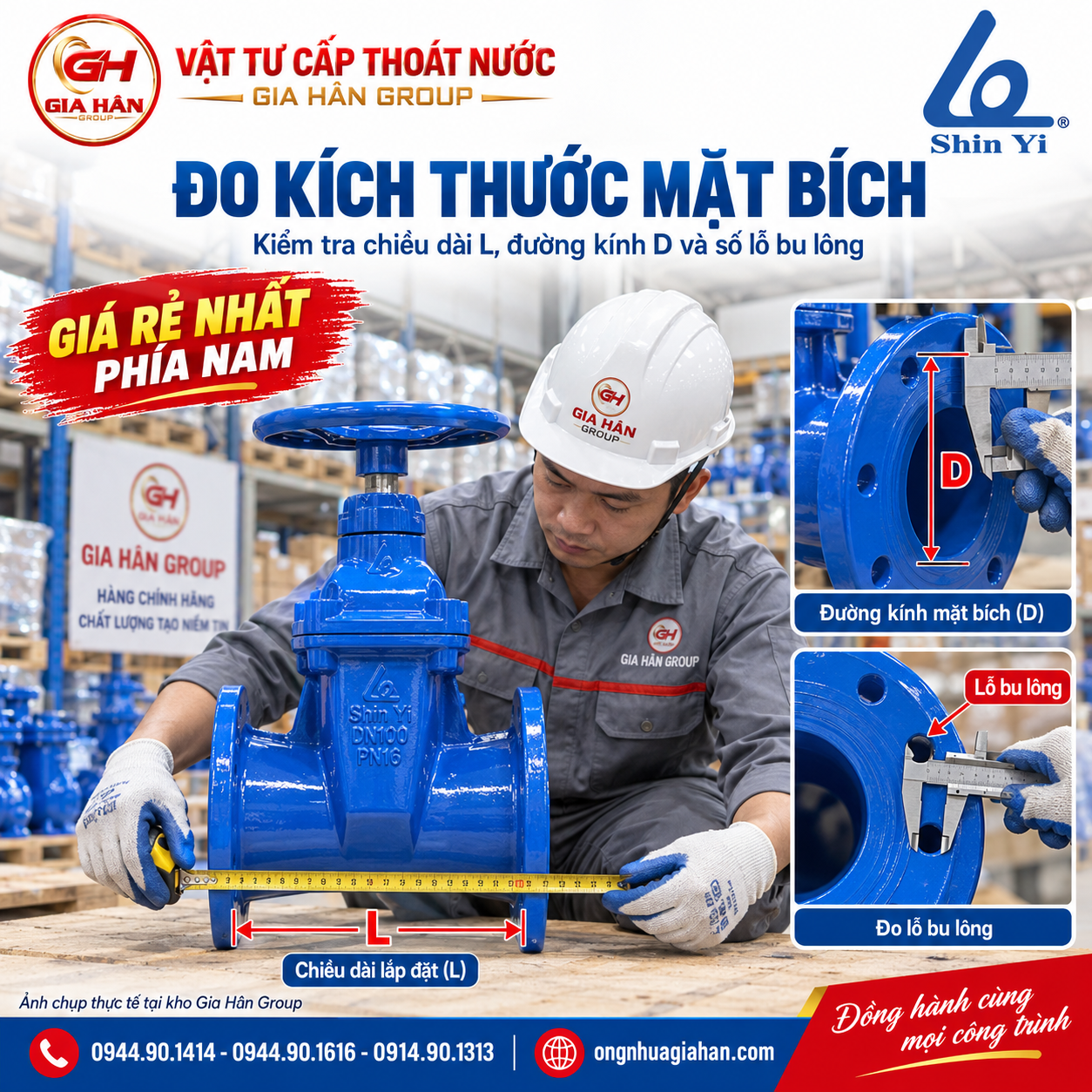 Kỹ thuật viên dùng thước đo chiều dài L và tâm lỗ bu lông mặt bích van cổng ty chìm Shin Yi