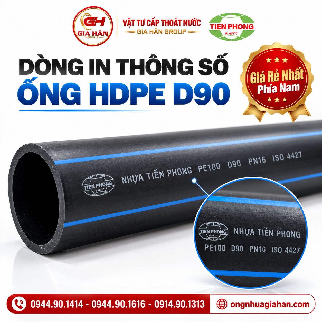 Dòng in quy cách trên thân ống HDPE D90 Tiền Phong