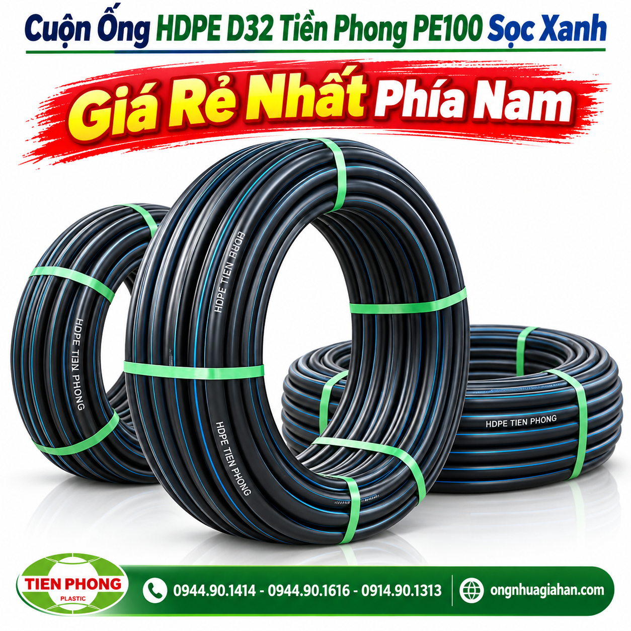 Cuộn ống HDPE D32 Tiền Phong PE100 sọc xanh cấp nước sạch tại kho Gia Hân Group