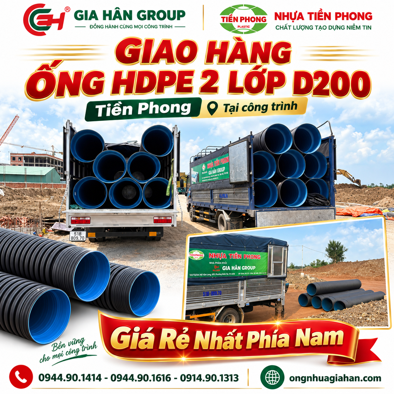Xe tải giao hàng ống HDPE 2 lớp D200 Tiền Phong tại công trình Gia Hân Group