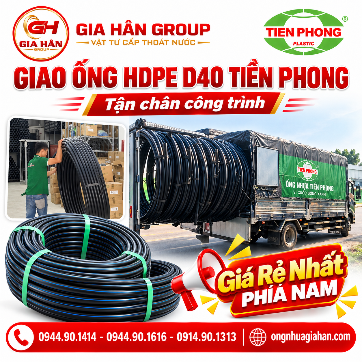 Xe tải vận chuyển các cuộn ống HDPE D40 Tiền Phong giao trực tiếp đến công trình dự án