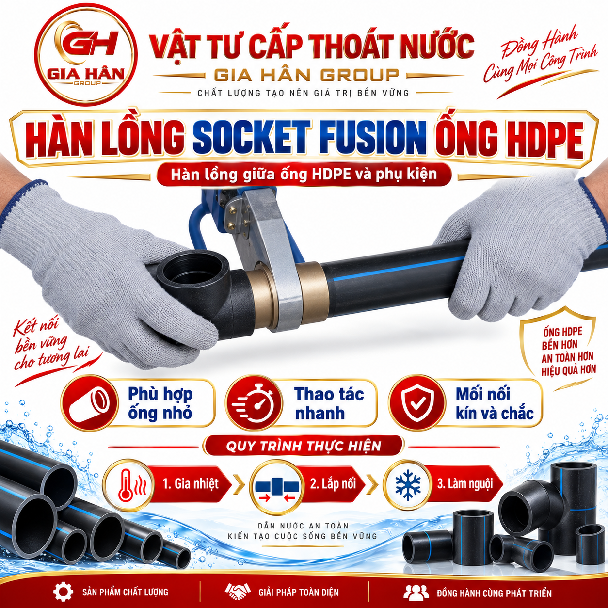 Hàn lồng socket fusion giữa ống HDPE và phụ kiện