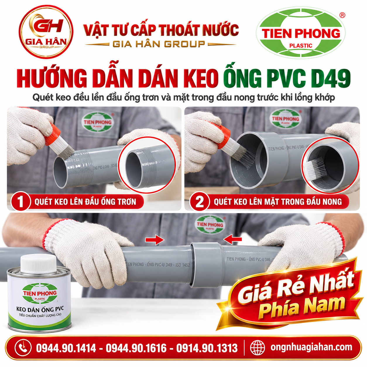 Thao tác quét keo dán ống nhựa uPVC D49 Tiền Phong