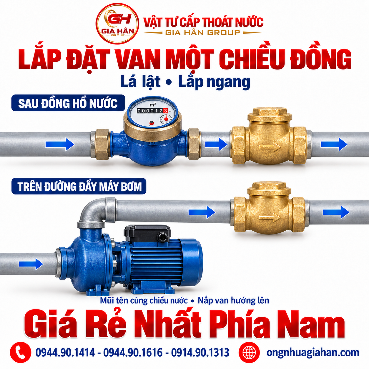 Lắp đặt van 1 chiều lá lật đồng sau đồng hồ và máy bơm theo chiều ngang
