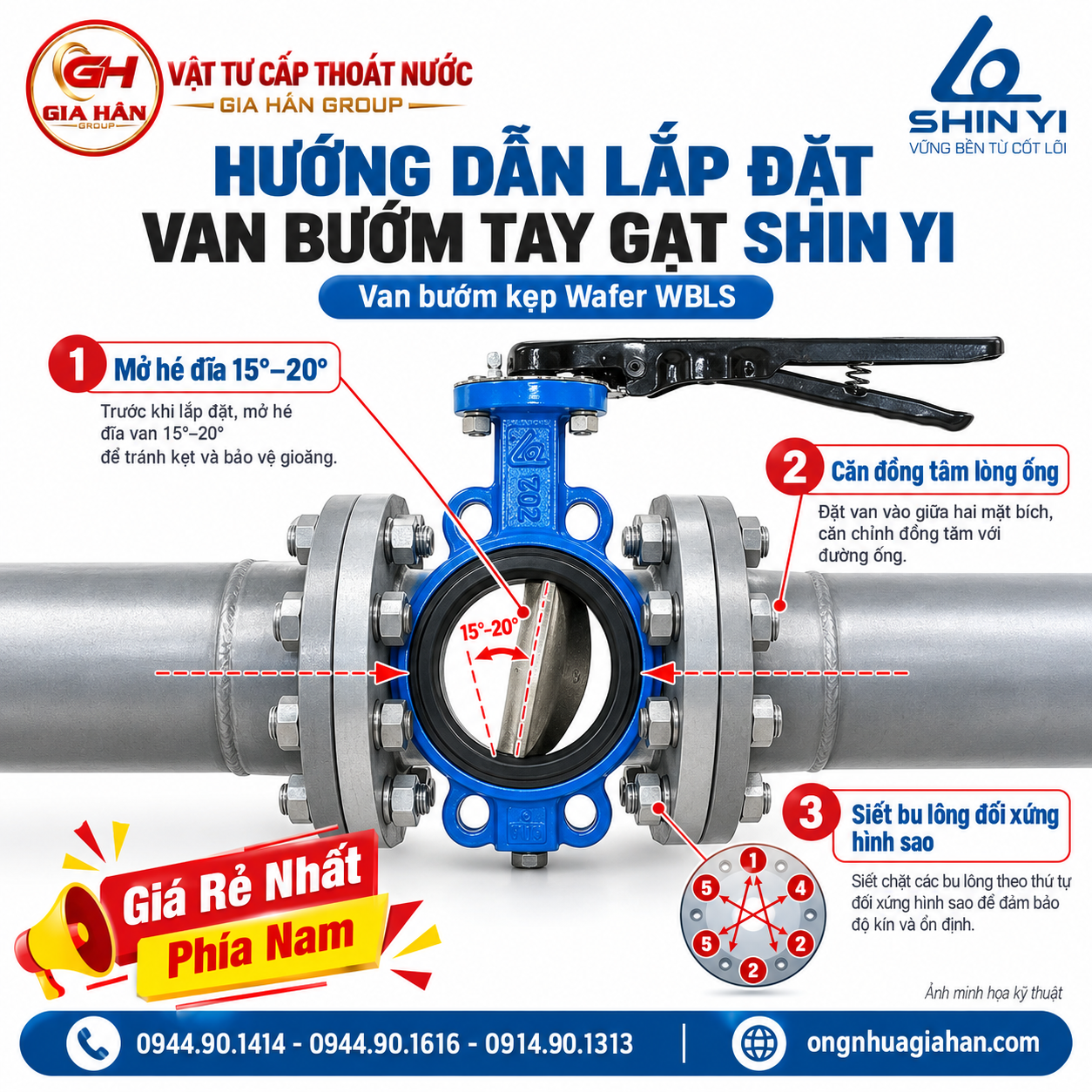 Hướng dẫn lắp đặt van bướm tay gạt Shinyi WBLS kiểu kẹp Wafer mở hé đĩa 15-20 độ và siết bu lông đối xứng