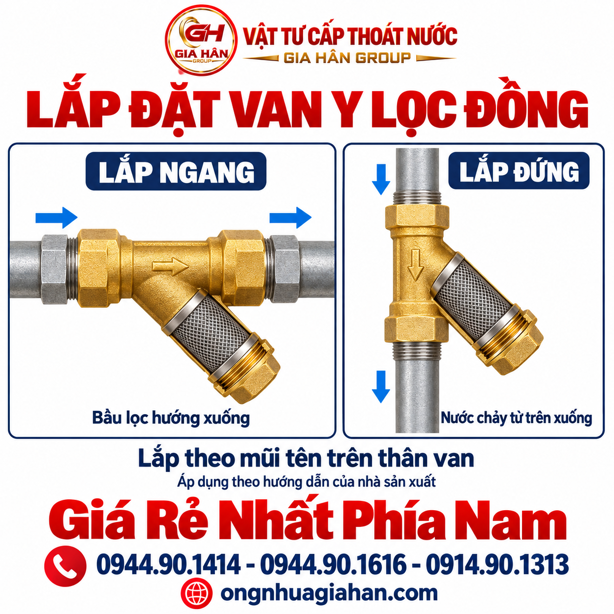 Sơ đồ hướng dẫn lắp đặt van Y lọc đồng theo chiều ngang và chiều đứng đúng kỹ thuật