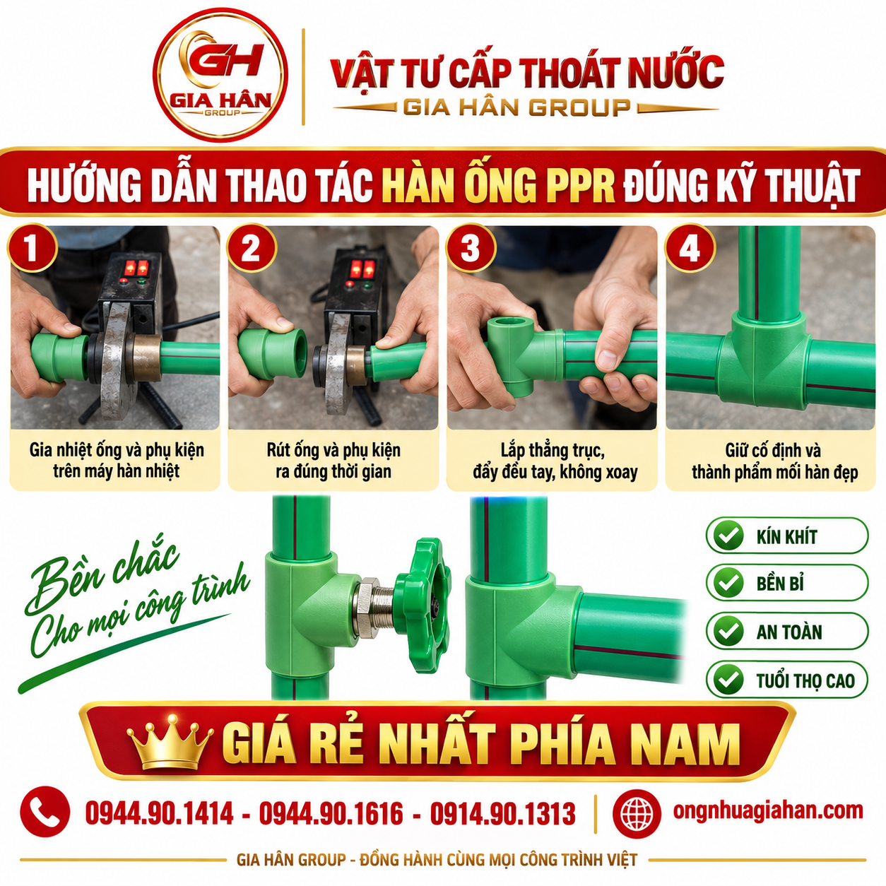 Thao tác gia nhiệt ống và phụ kiện PPR trên đầu cối hàn máy 20-63 đúng góc 90 độ.