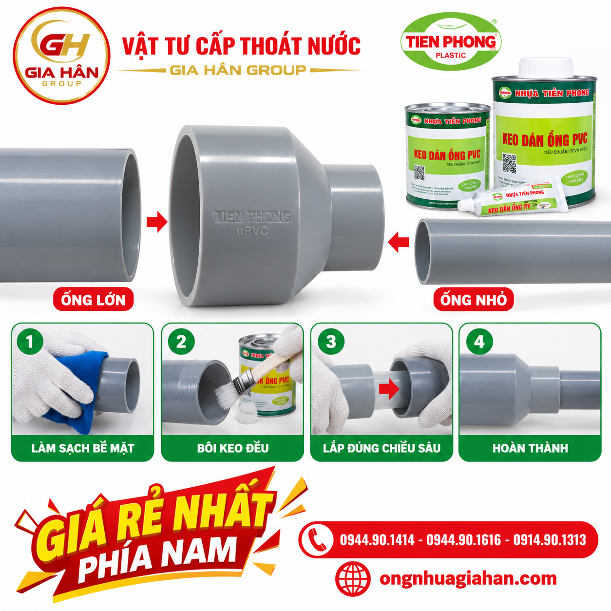 Hướng dẫn thi công dán keo nối giảm uPVC đúng kỹ thuật giữa ống và phụ kiện nối giảm