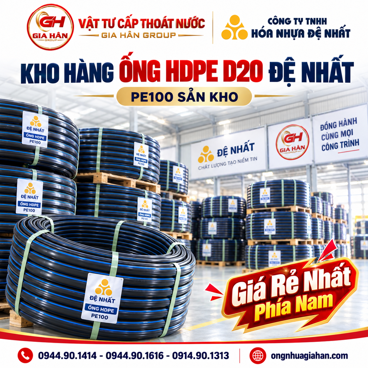 Kho hàng ống HDPE D20 Đệ Nhất Gia Hân Group
