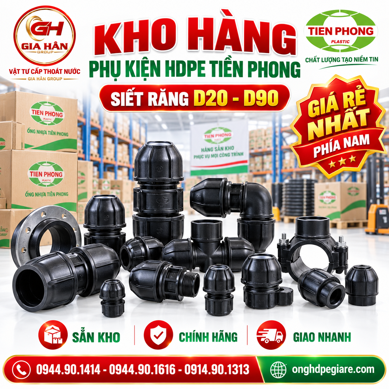Đóng gói phụ kiện co tê nối thẳng HDPE răng siết Tiền Phong tại kho hàng Gia Hân Group