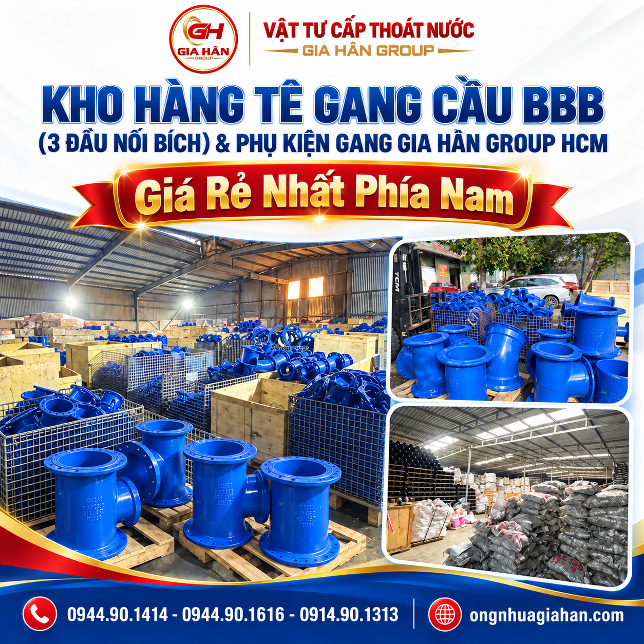 Kho Hàng Tê Gang Cầu BBB (3 Đầu Nối Bích) & Phụ Kiện Gang Gia Hân Group HCM