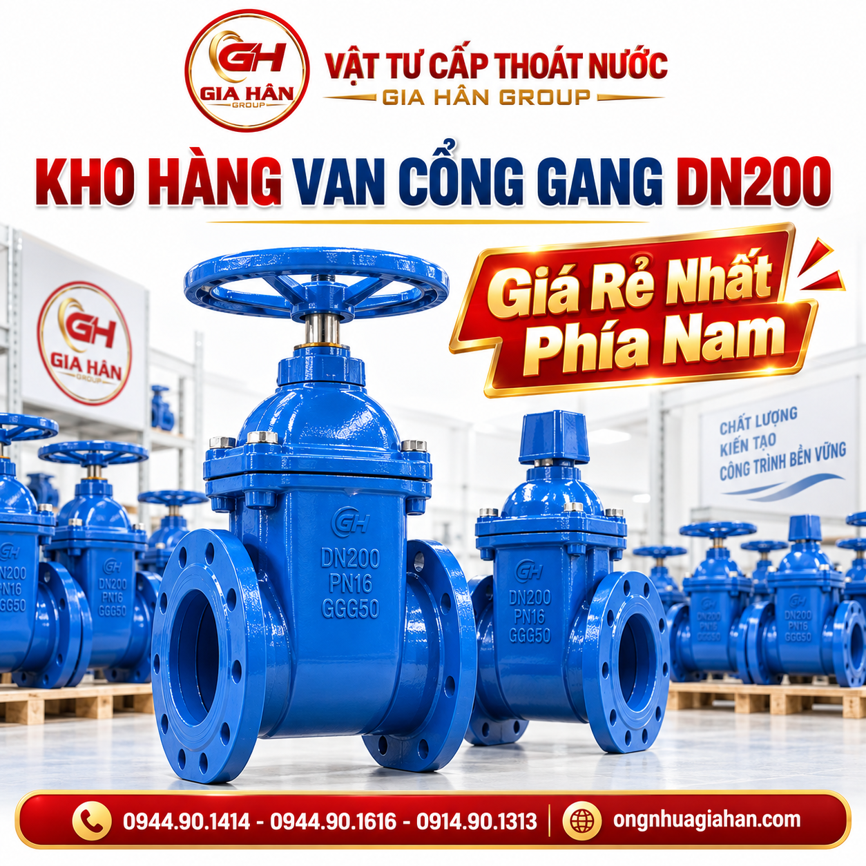 Kho hàng van cổng gang DN200 ty chìm và ty nổi sẵn sàng giao hàng cho dự án cấp thoát nước