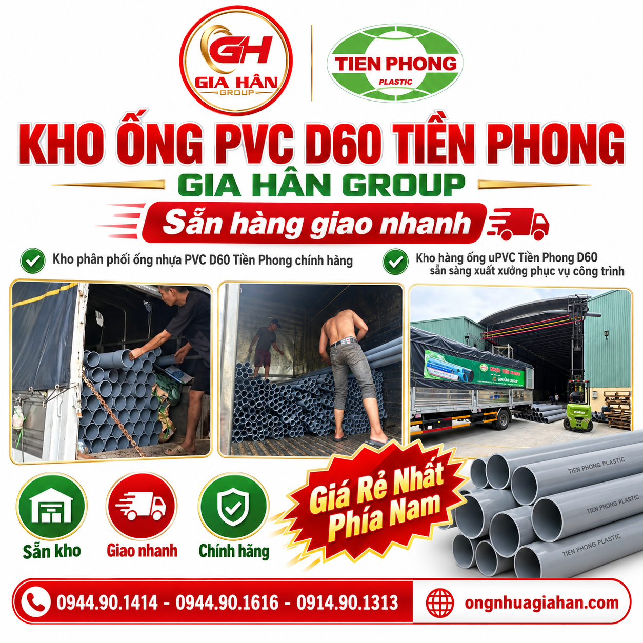 Kho phân phối ống nhựa PVC D60 Tiền Phong chính hãng Gia Hân Group