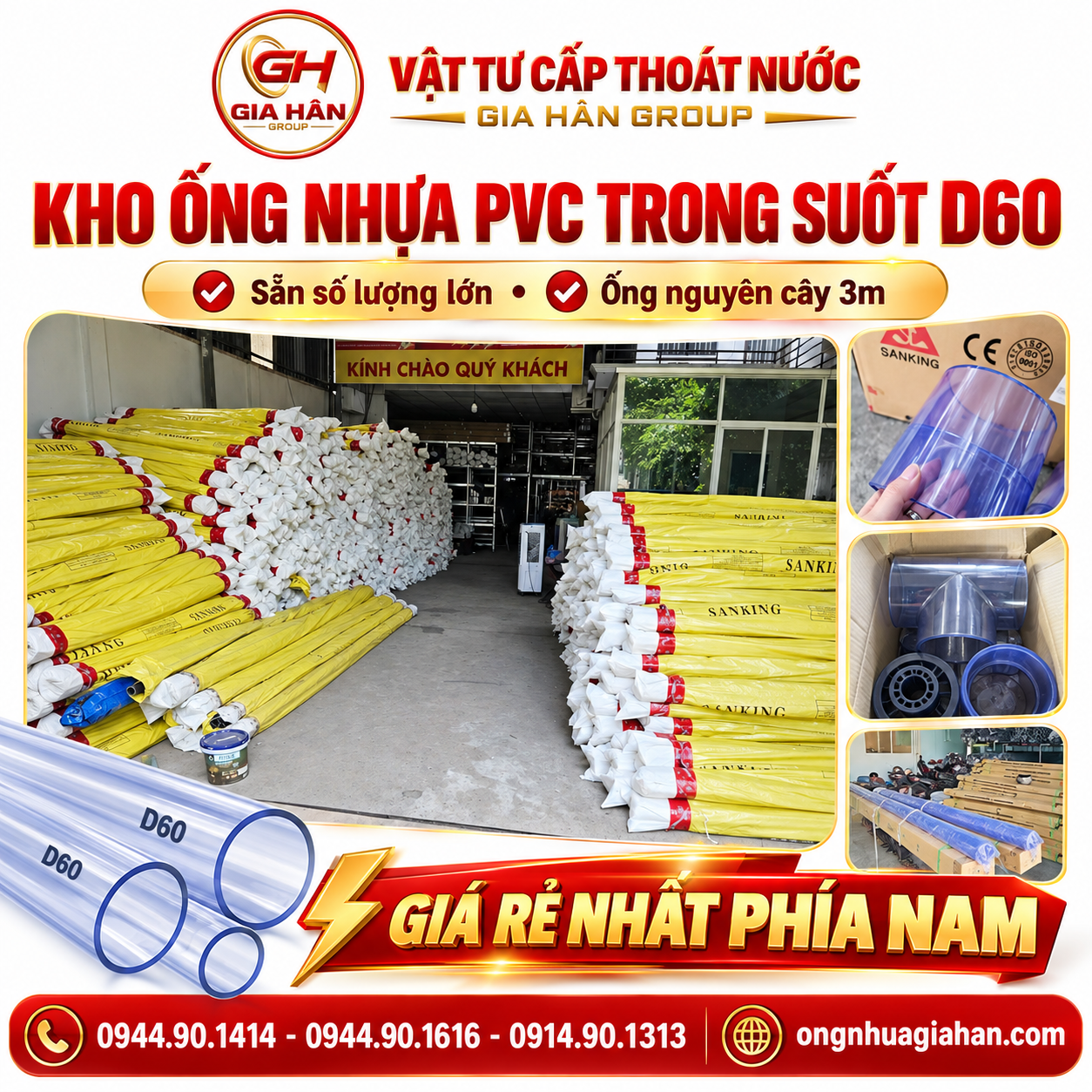 Kho hàng ống nhựa PVC trong suốt D60 sẵn số lượng lớn