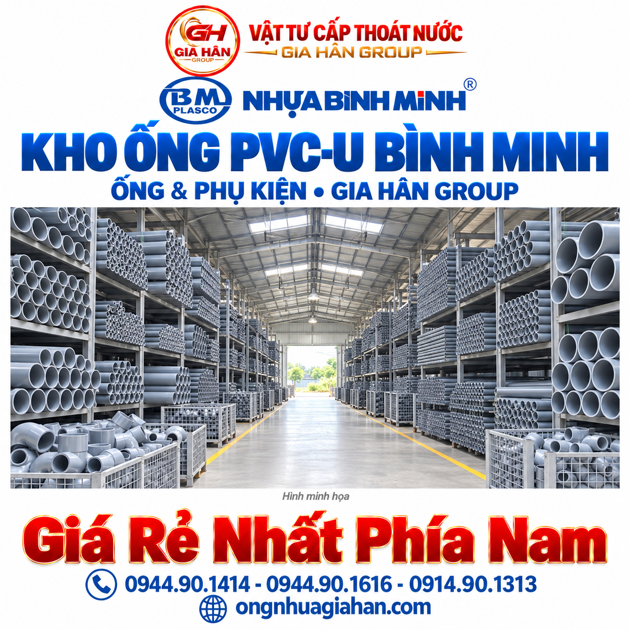 Kho tập kết ống nhựa PVC-U Bình Minh và phụ kiện chính hãng tại Gia Hân Group