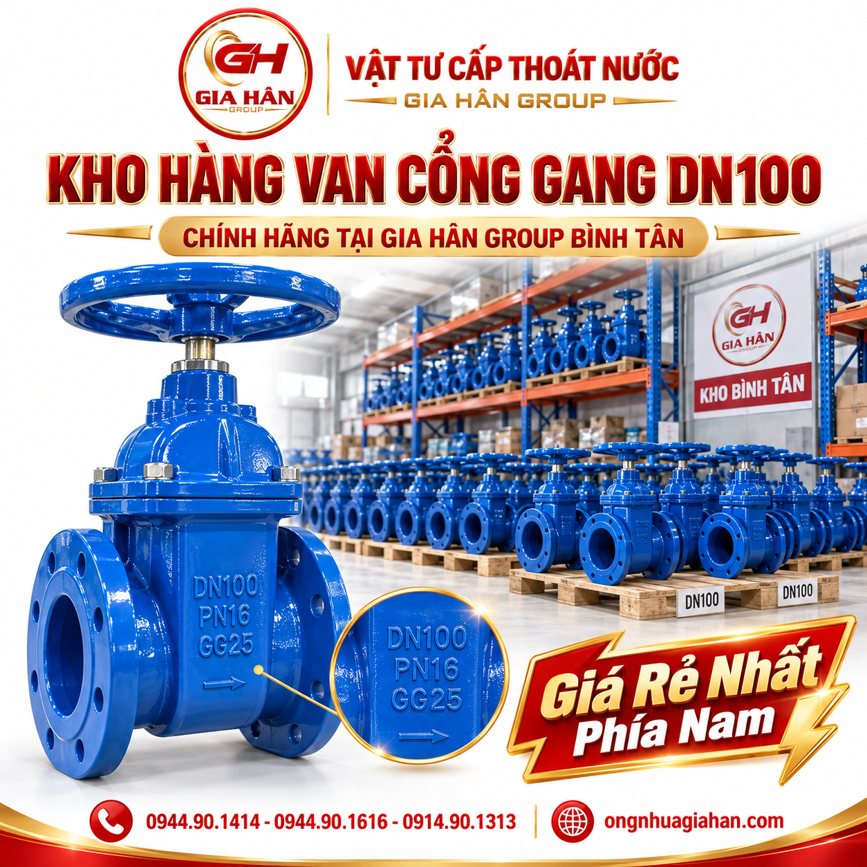 Kho hàng van cổng gang DN100 chính hãng tại Gia Hân Group Bình Tân