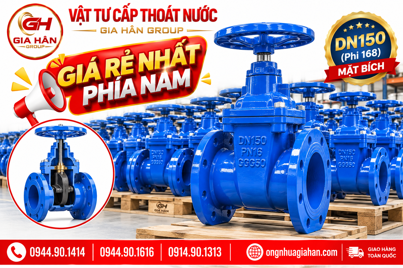 Lô hàng van cổng gang DN150 và phụ kiện đường ống sẵn sàng giao tại kho Gia Hân Group