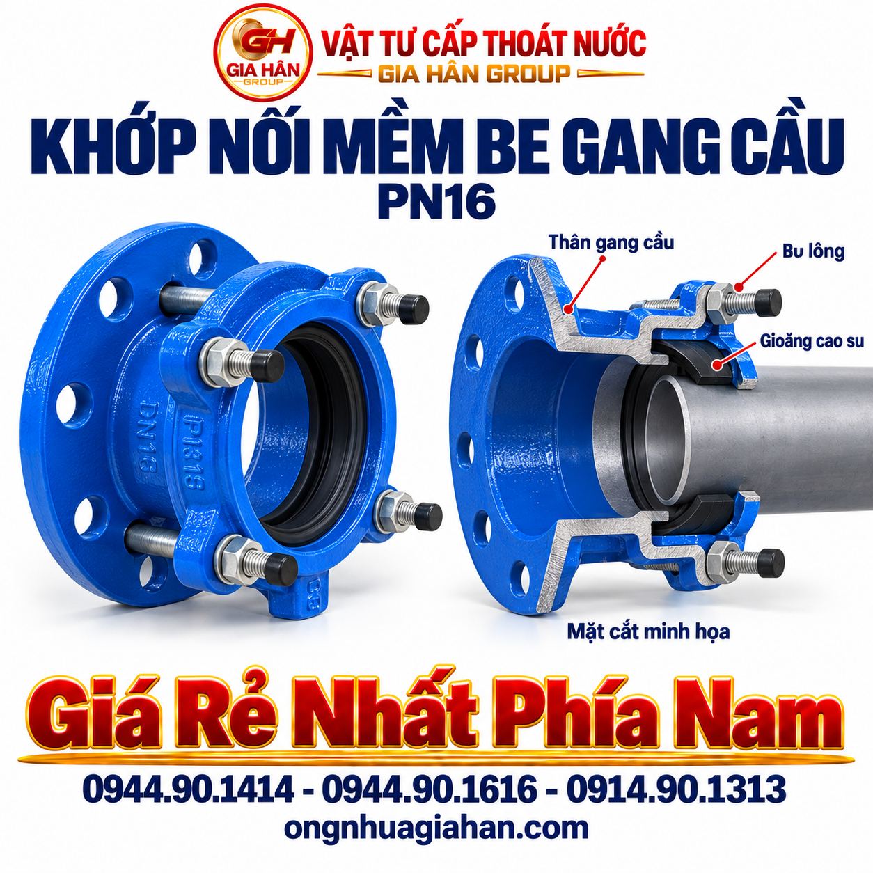 Khớp nối mềm BE gang cầu sơn Epoxy xanh kết nối ống và van mặt bích