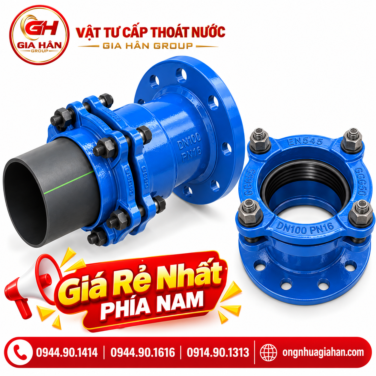 Khớp nối mềm gang BF sơn epoxy xanh 1 đầu bích 1 đầu ngàm siết ống