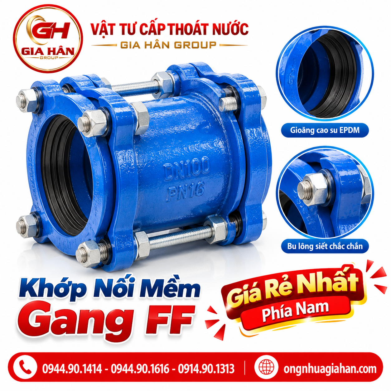 Khớp nối mềm gang FF sơn Epoxy nối hai đầu ống trơn