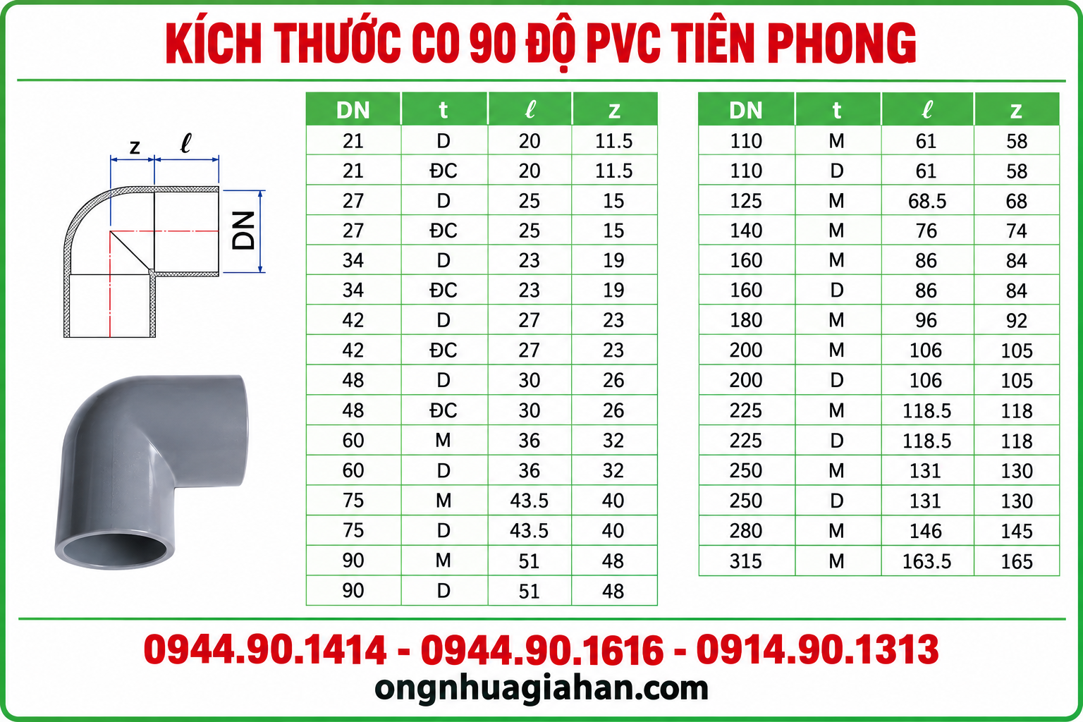 Kích thước co 90 độ PVC Tiền Phong
