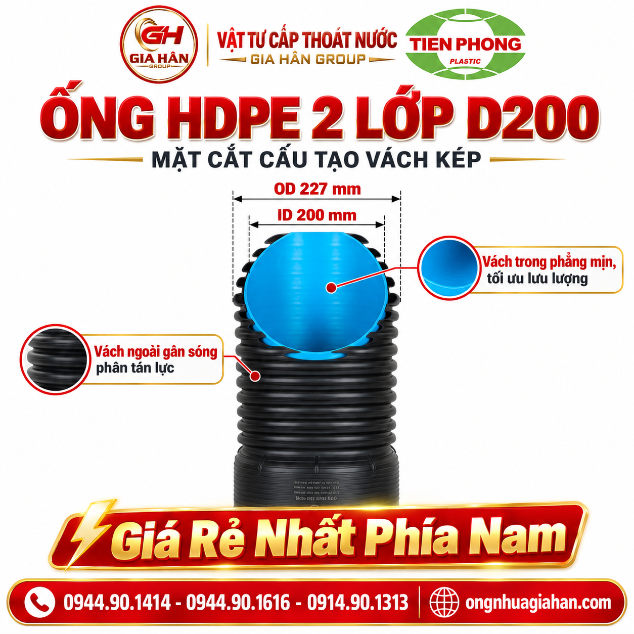 Mặt cắt cấu tạo vách kép ống HDPE 2 lớp D200 ID 200mm OD 227mm