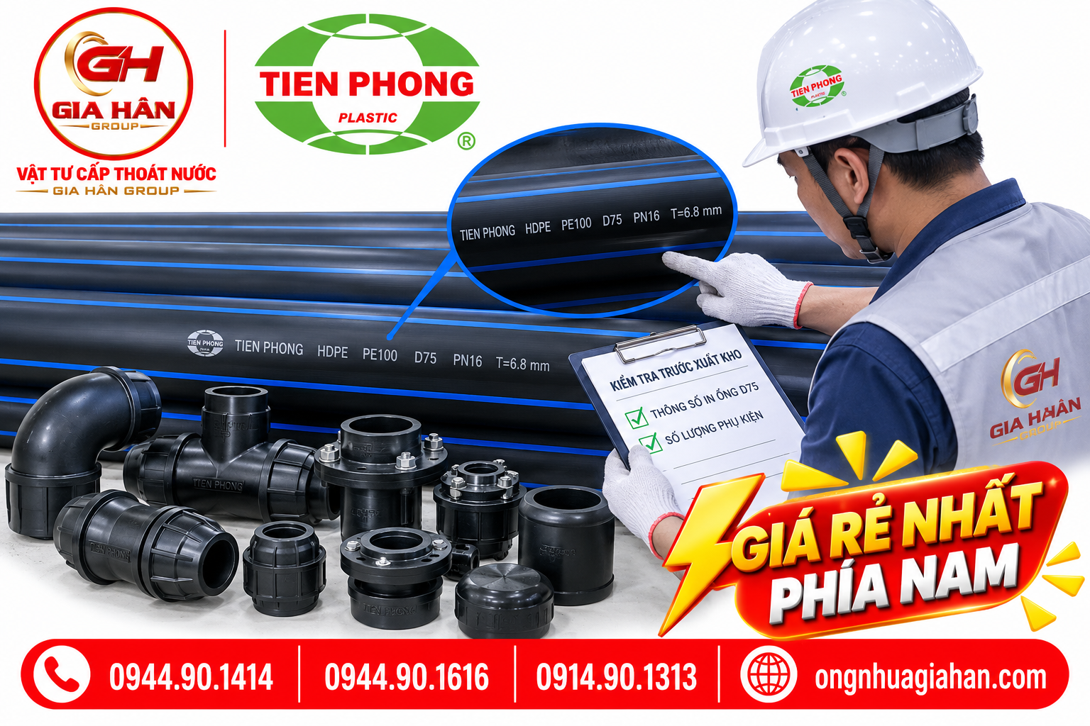 Kiểm đếm ống HDPE D75 và phụ kiện trước khi giao hàng