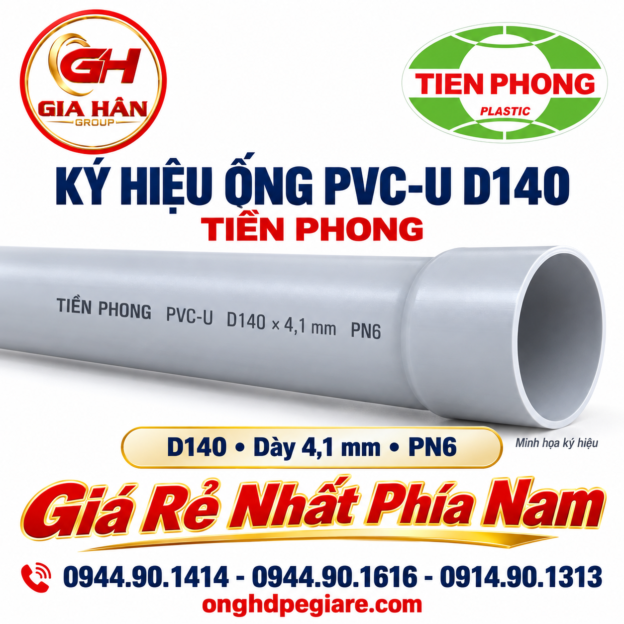 Ký hiệu đường kính, độ dày và PN trên ống PVC-U D140 Tiền Phong