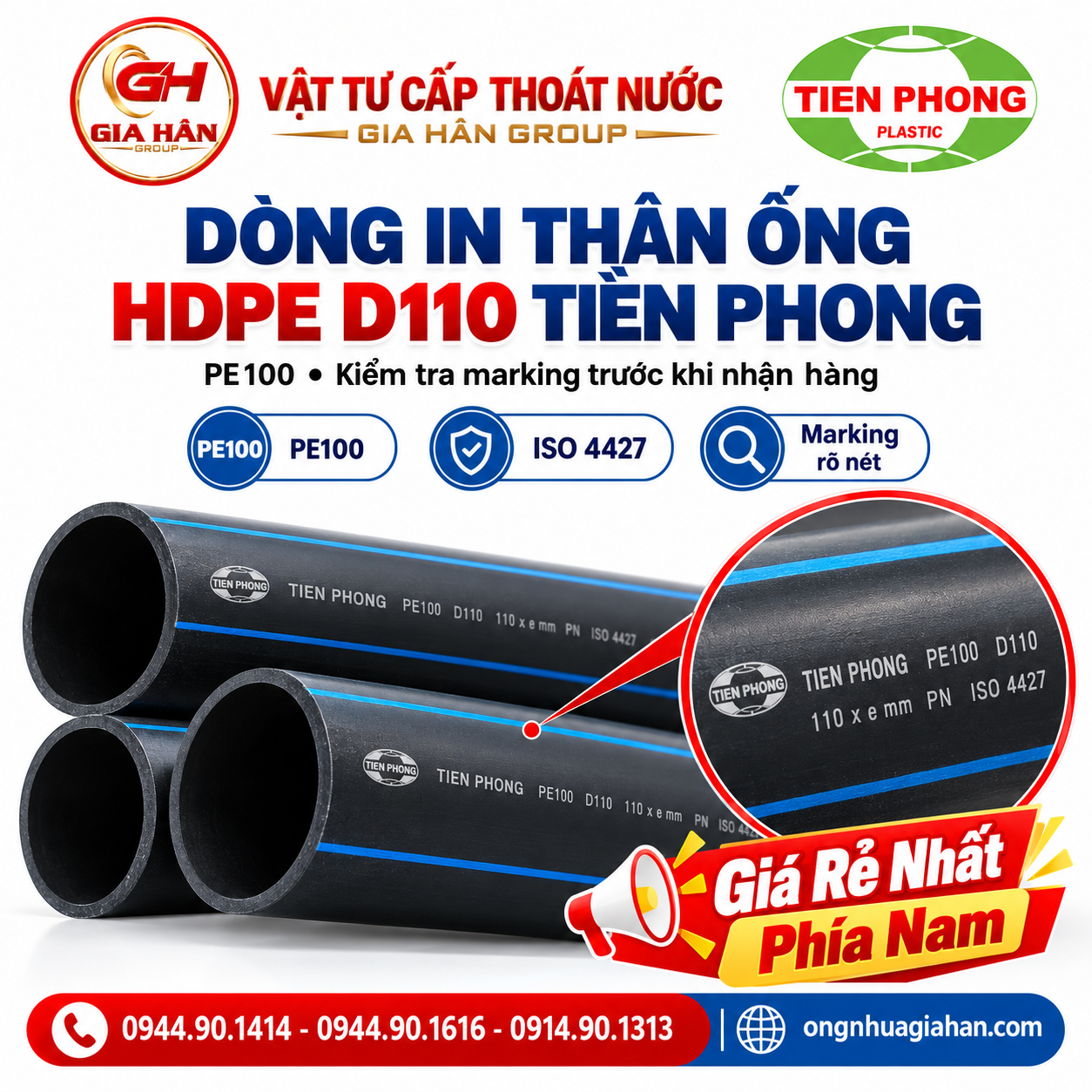 Dòng in thông số kỹ thuật trên thân ống HDPE D110 Tiền Phong PE100