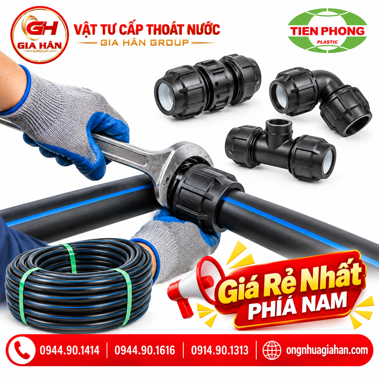 Thợ thi công đang sử dụng cờ-lê siết chặt phụ kiện răng xiết D40 cho ống HDPE Tiền Phong