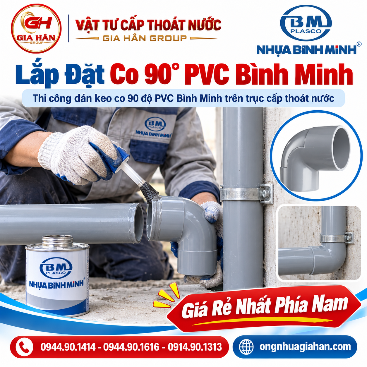 Thi công dán keo co 90 độ PVC Bình Minh trên trục cấp thoát nước