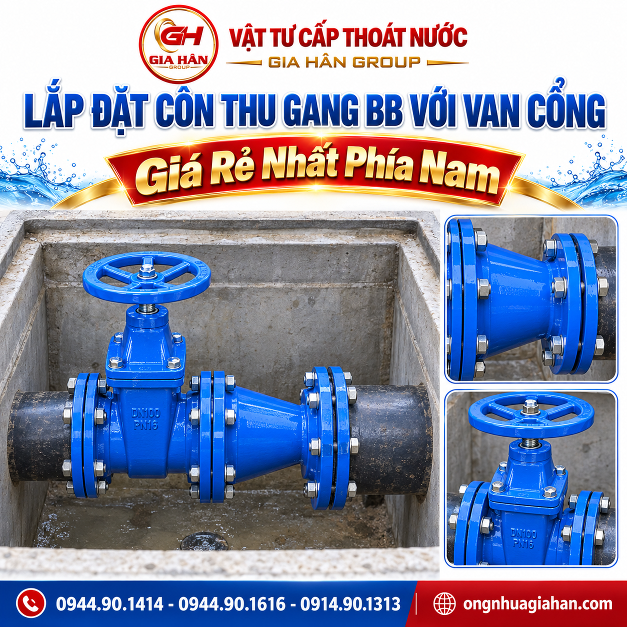 Cụm van cổng gang mặt bích lắp cùng côn thu gang cầu BB
