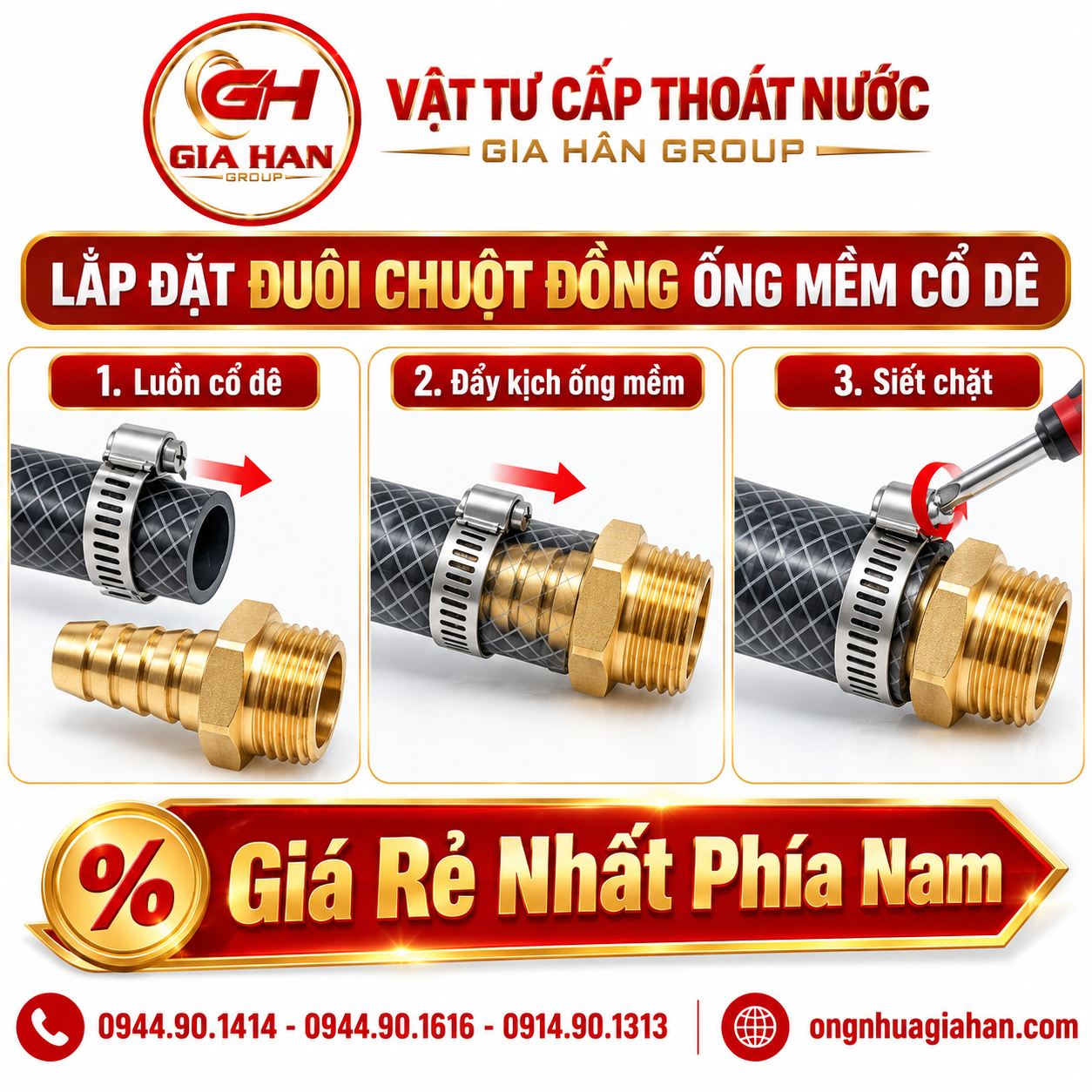 Hướng dẫn lắp ống mềm vào đuôi chuột đồng ren ngoài kết hợp siết cổ dê inox
