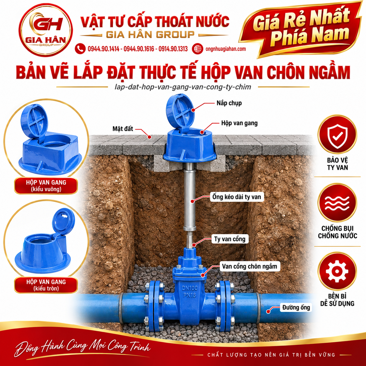 Sơ đồ lắp đặt hộp van gang bảo vệ ty van cổng ngầm và ống kéo dài ty van