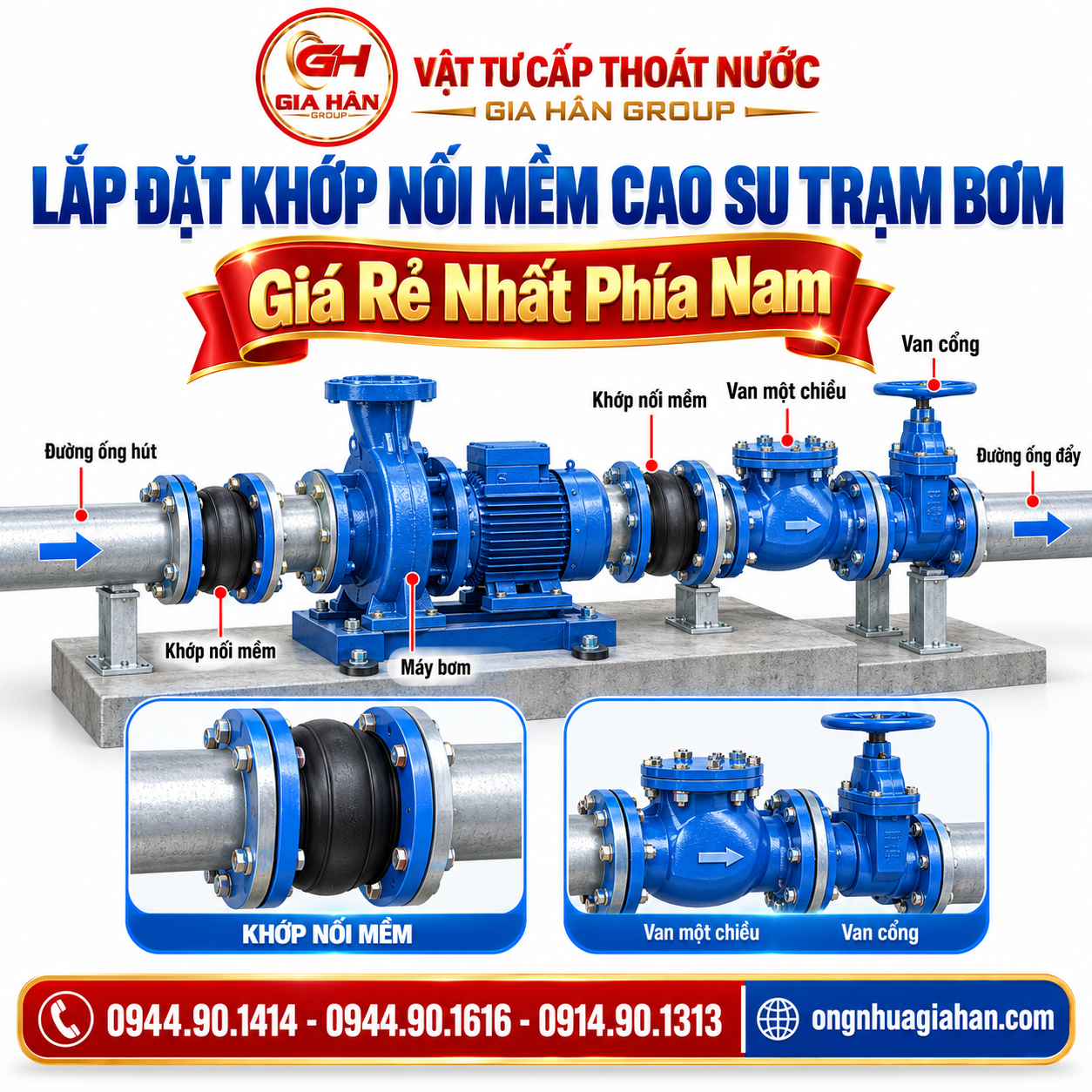 Sơ đồ lắp đặt khớp nối mềm cao su chống rung cùng van một chiều và van cổng tại trạm bơm nước