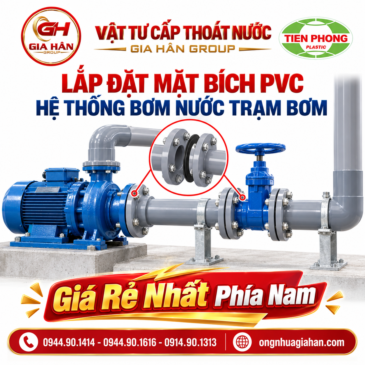 Lắp đặt mặt bích PVC trong hệ thống bơm nước trạm bơm với kết nối giữa đường ống, van và máy bơm