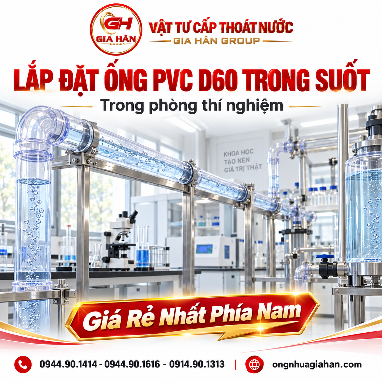 Lắp đặt hệ thống ống PVC D60 trong suốt trong phòng thí nghiệm
