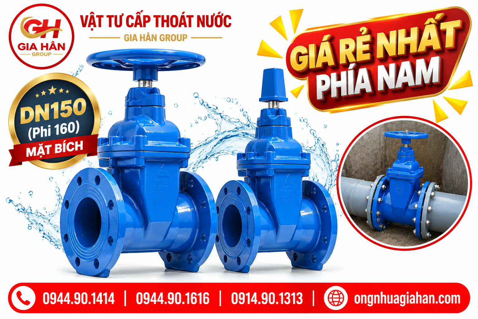 Thực tế thi công van cổng gang DN150 kết nối mặt bích trên tuyến ống uPVC Tiền Phong phi 160