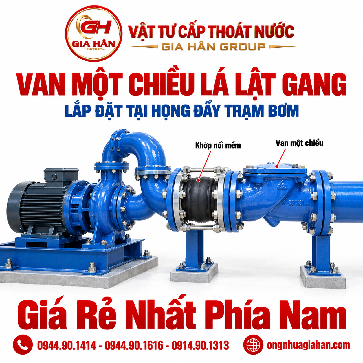 Cụm họng đẩy trạm bơm lắp van một chiều lá lật gang và khớp nối mềm