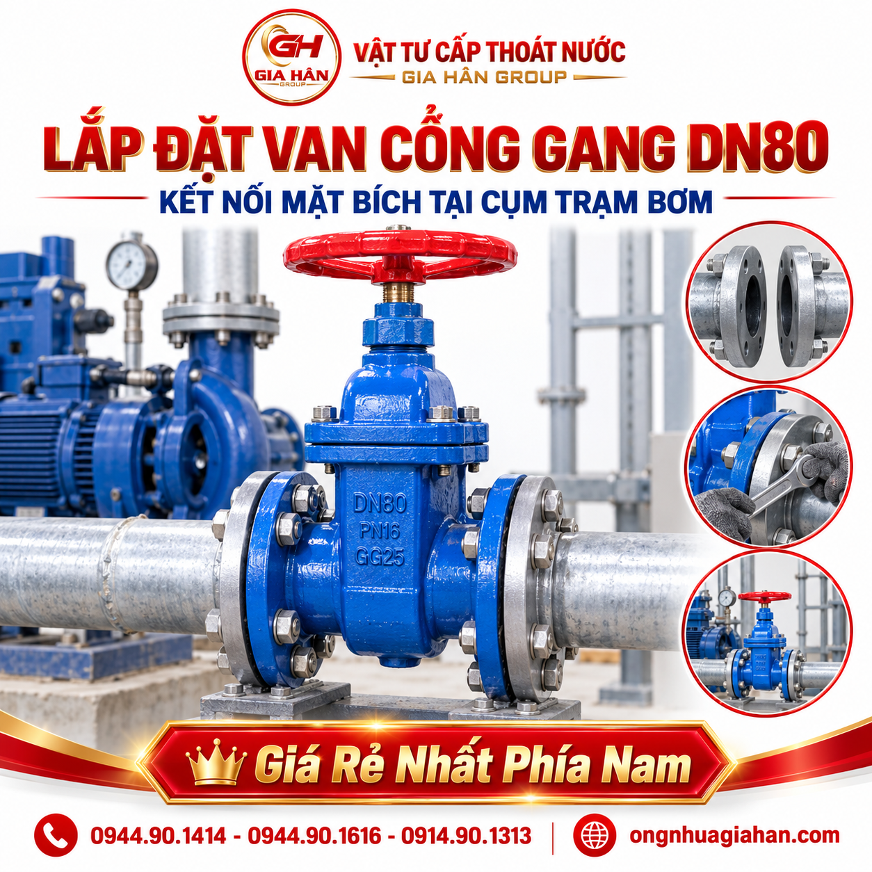 Lắp đặt van cổng gang DN80 kết nối mặt bích tại cụm trạm bơm